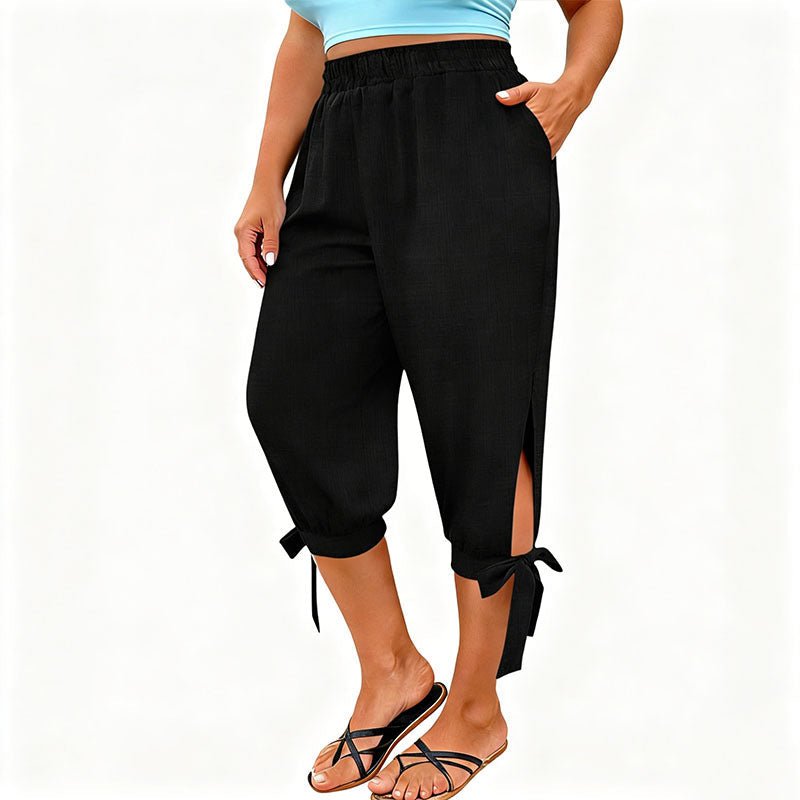 Side-slit elastic waist plus size capri pants