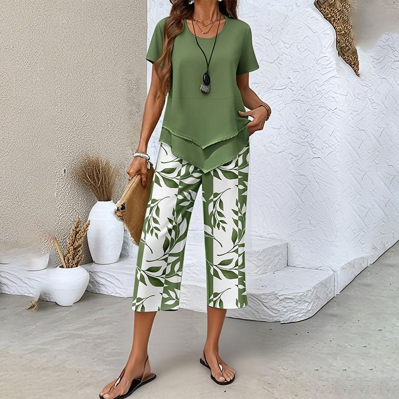 Layered-look hem T-shirt and leaf-print cropped pants set