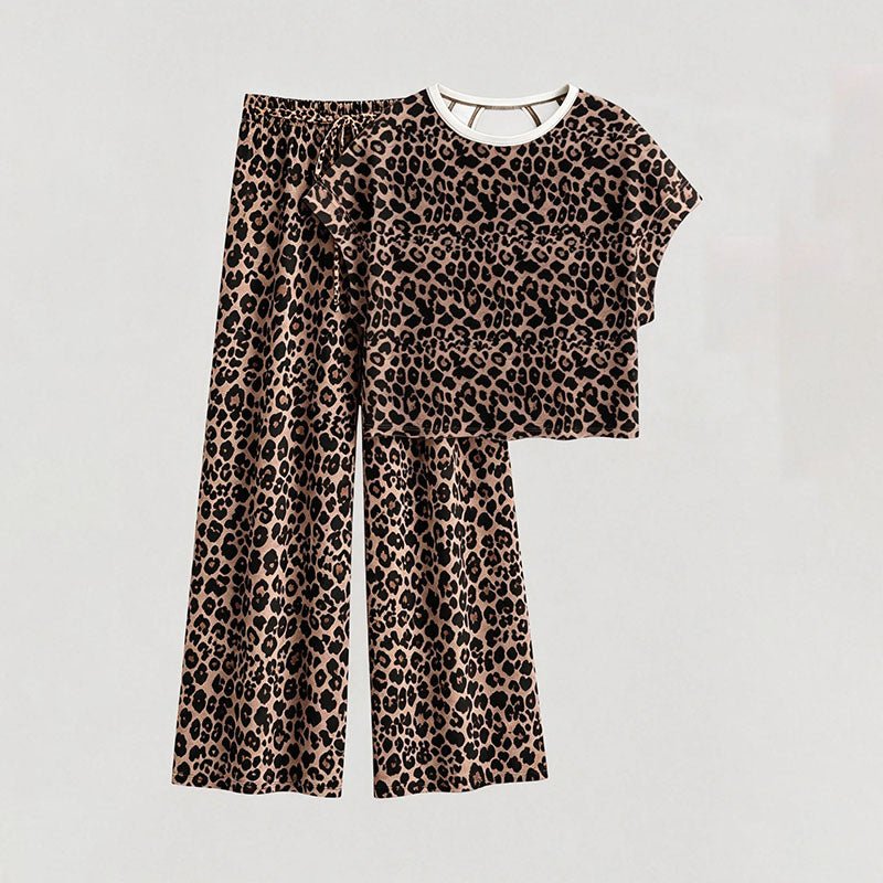 Leopard-print short-sleeved cutout top and trousers casual loungewear set