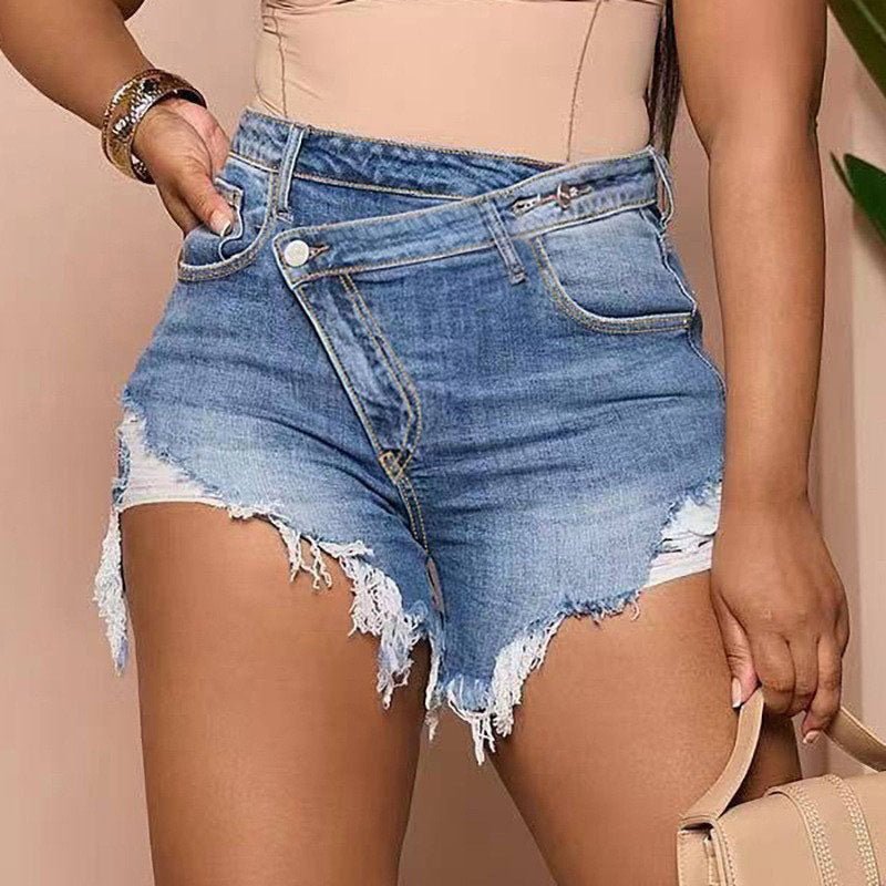 Asymmetric Button Raw-Hem Denim Shorts