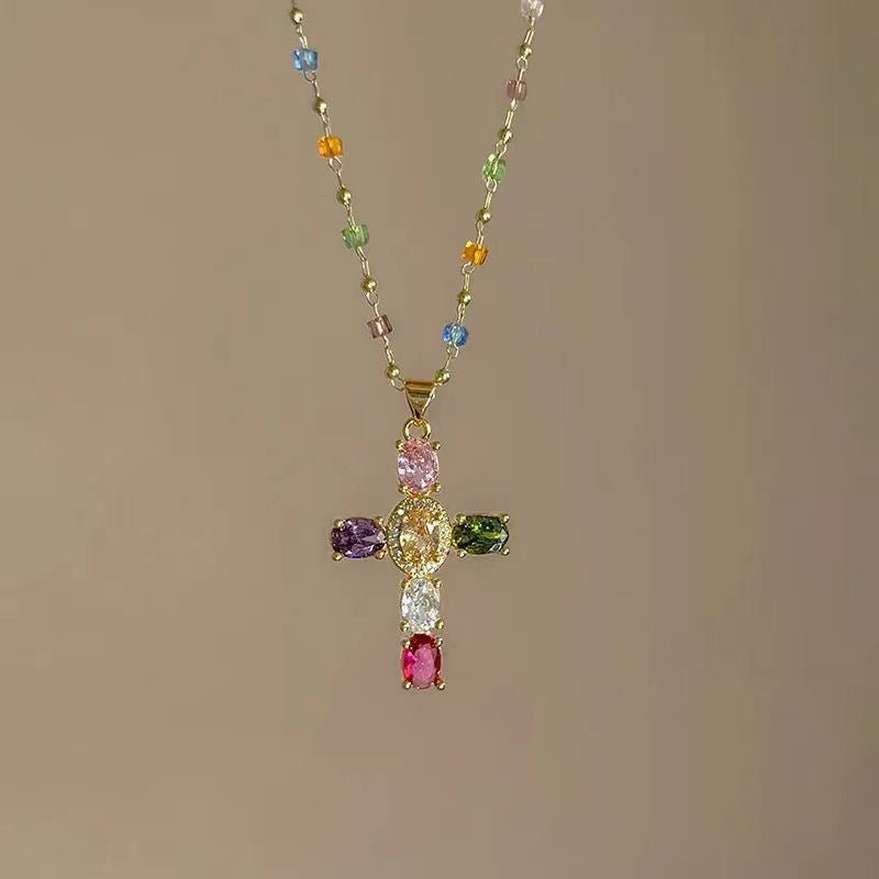 Colorful beaded cross necklace