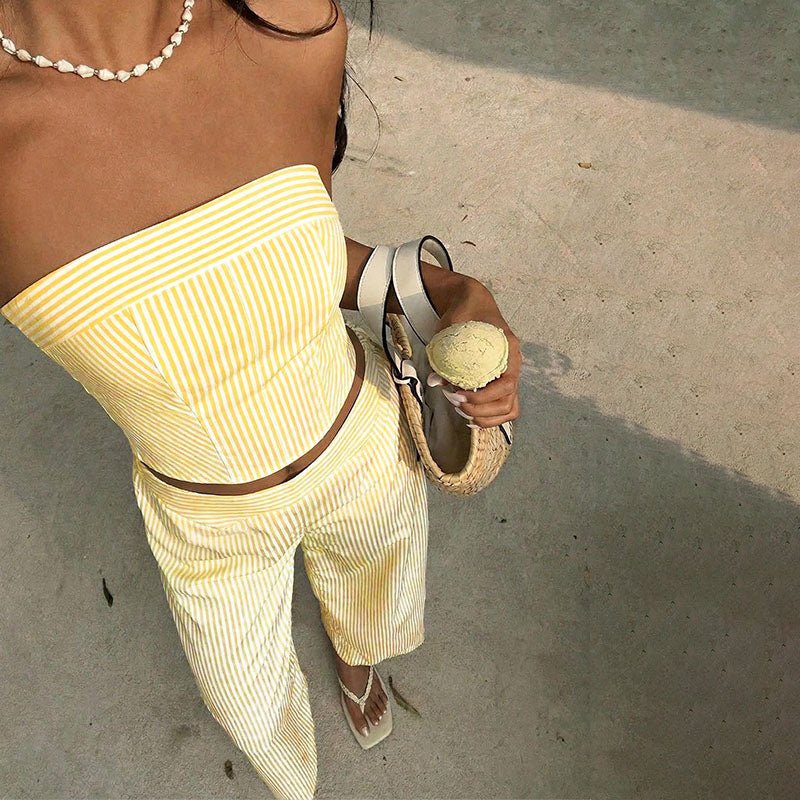 Striped strapless crop top and wide-leg trousers two-piece set