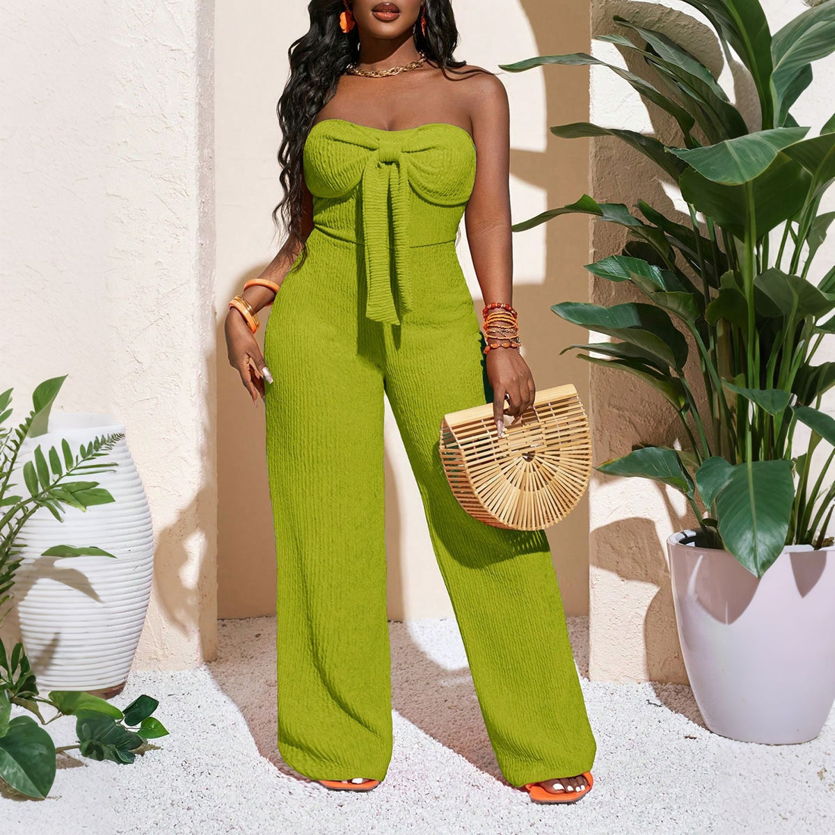 Textured Strapless Wide Leg Jumpsuit