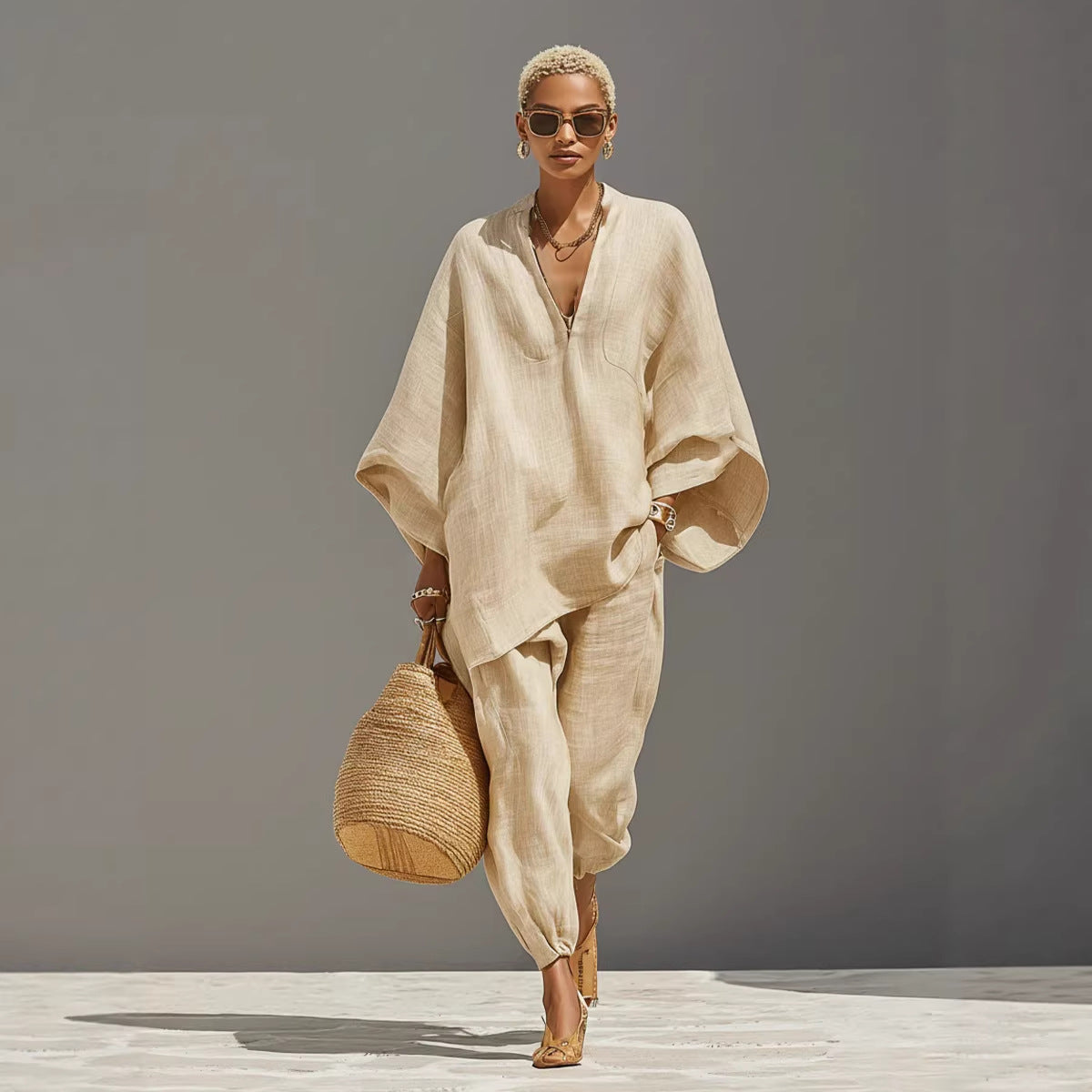 V-neck batwing-sleeve top and trousers set