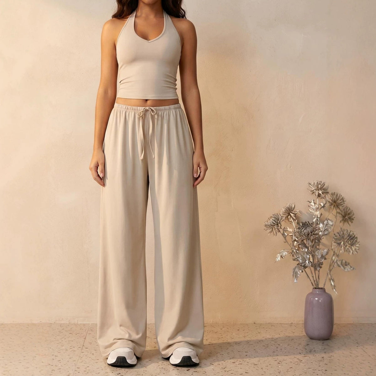 Sporty halter neck top and drawstring pants two-piece set