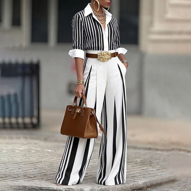 Striped shirt and pleated wide-leg trousers two-piece set