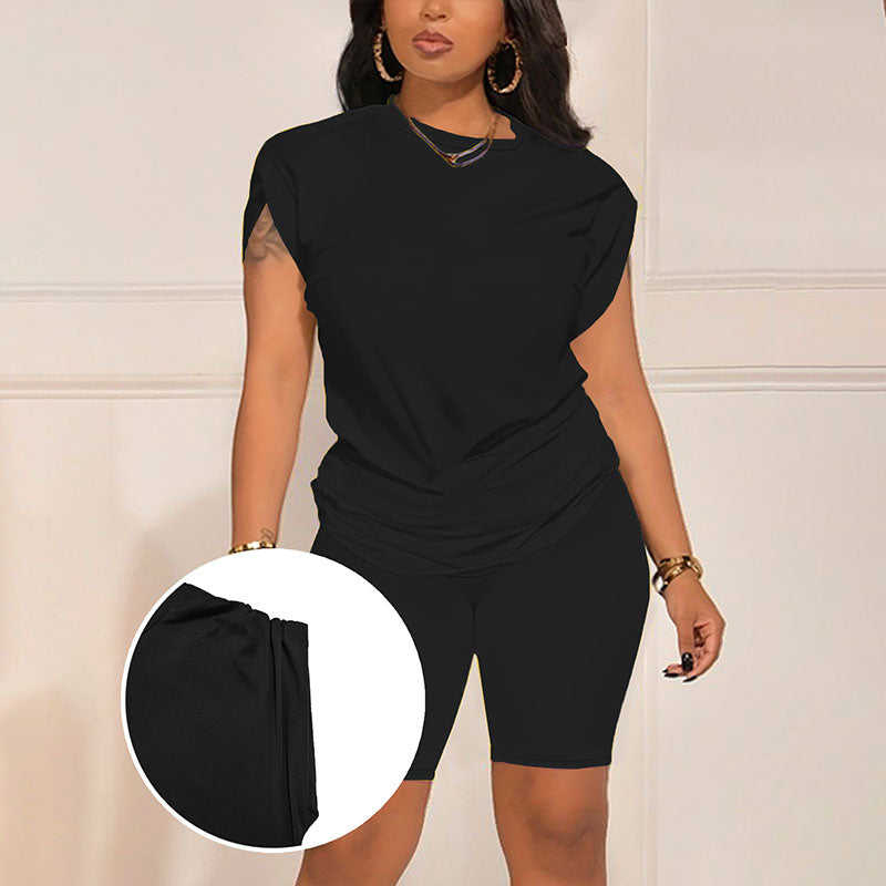 Front-pleat top and high-waisted slim-fit shorts set