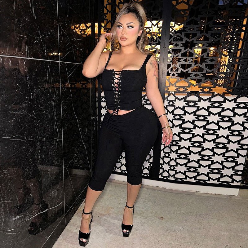 Square-neck tie-front top and cropped trousers set