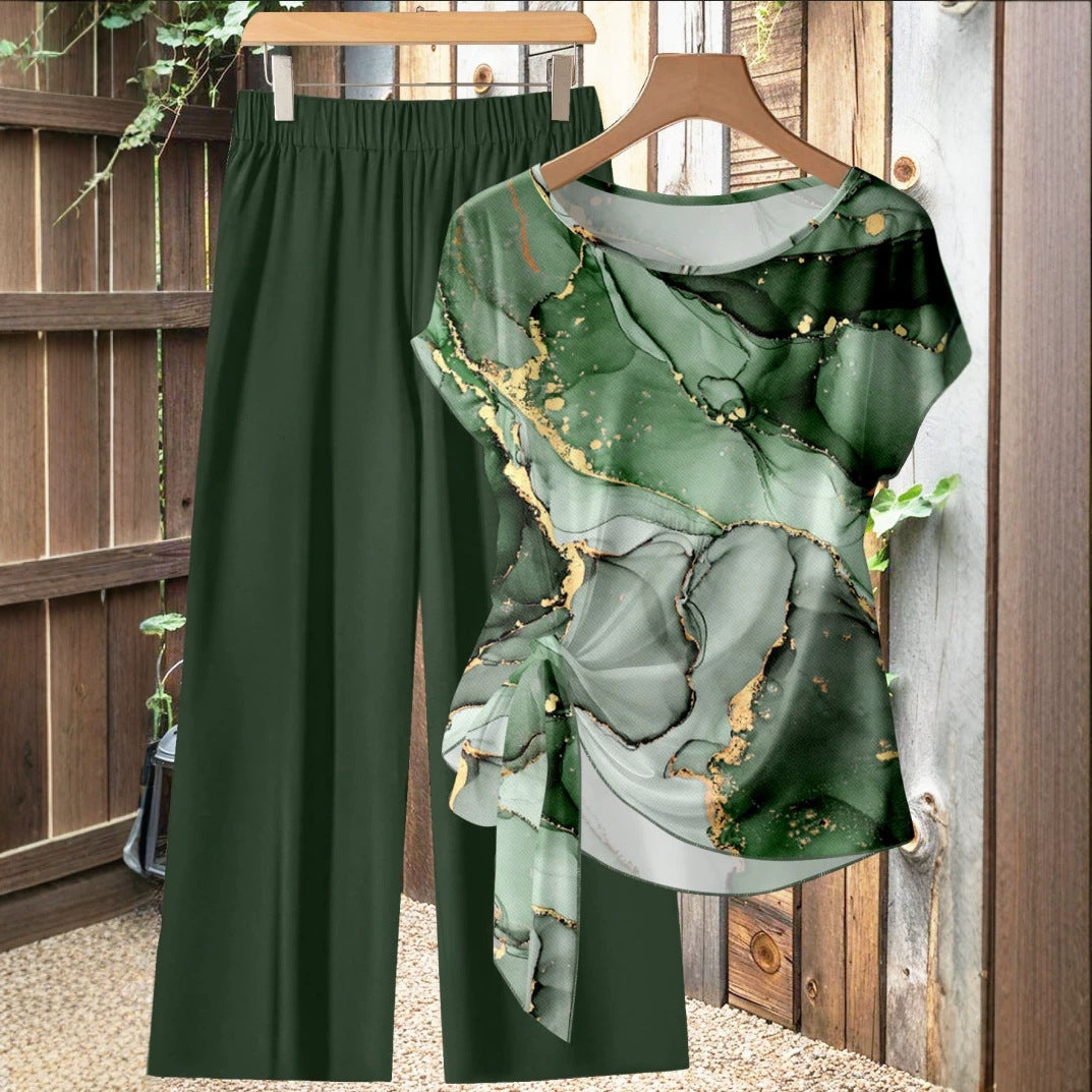 Knot-front short-sleeve top and wide-leg pants set