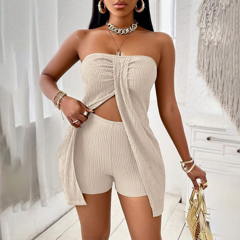 Pleated-texture strapless top and shorts set