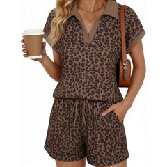 Leopard print collared short-sleeve top and drawstring shorts set