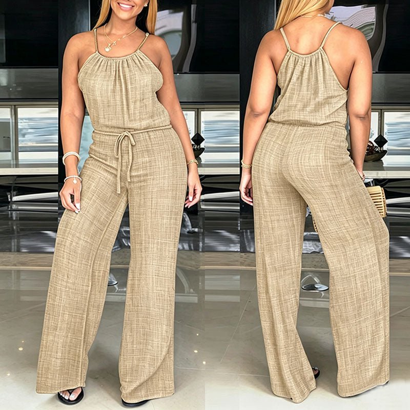 Sleeveless spaghetti strap tie-waist wide-leg jumpsuit
