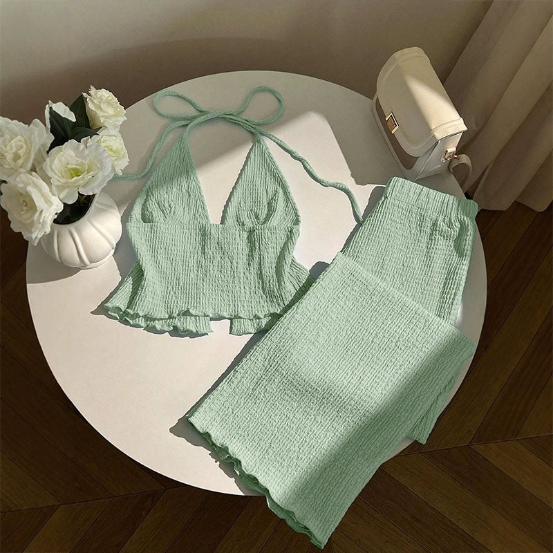 Textured deep V-neck tie-front top and wide-leg pants set
