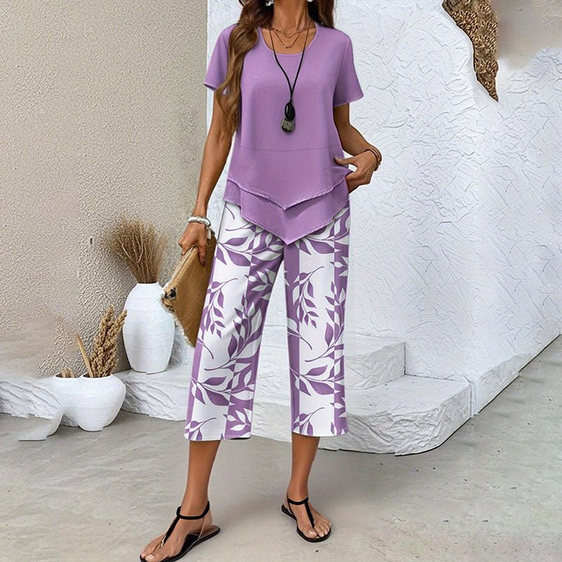 Layered-look hem T-shirt and leaf-print cropped pants set