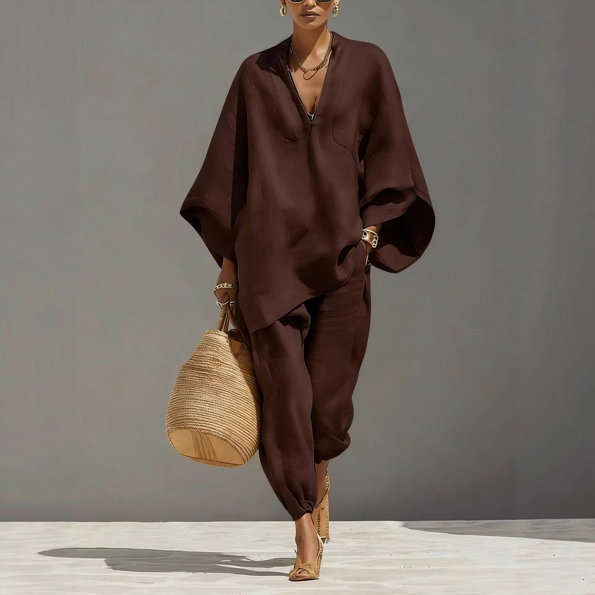 V-neck batwing-sleeve top and trousers set