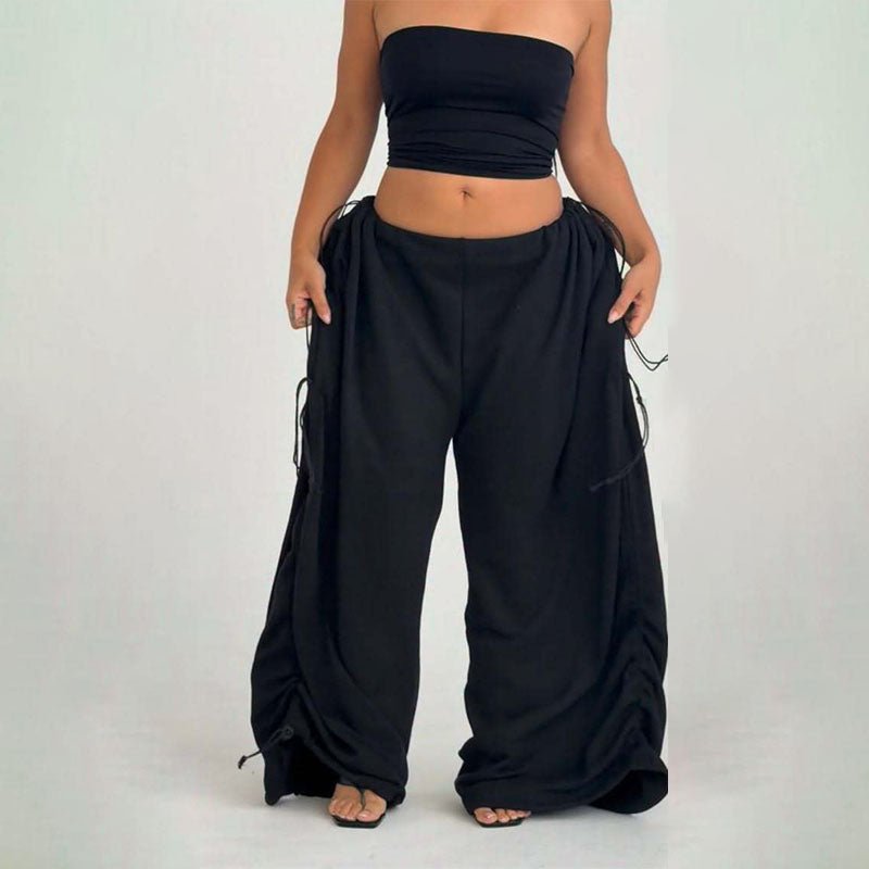 Side-drawstring ruched wide-leg trousers