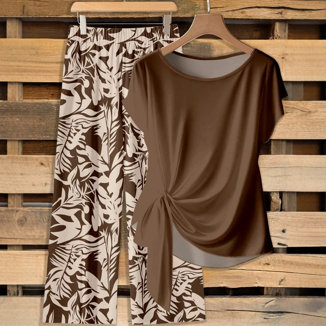 Knot-front short-sleeve top and wide-leg pants set