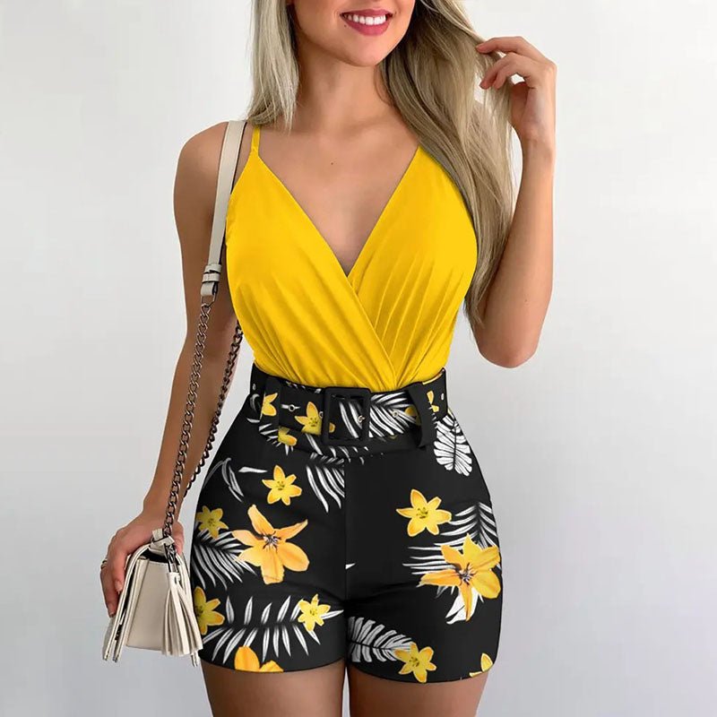 V-neck camisole and botanical print shorts set