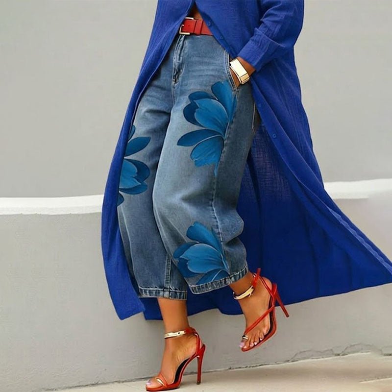 Printed straight-leg wide-leg cropped jeans