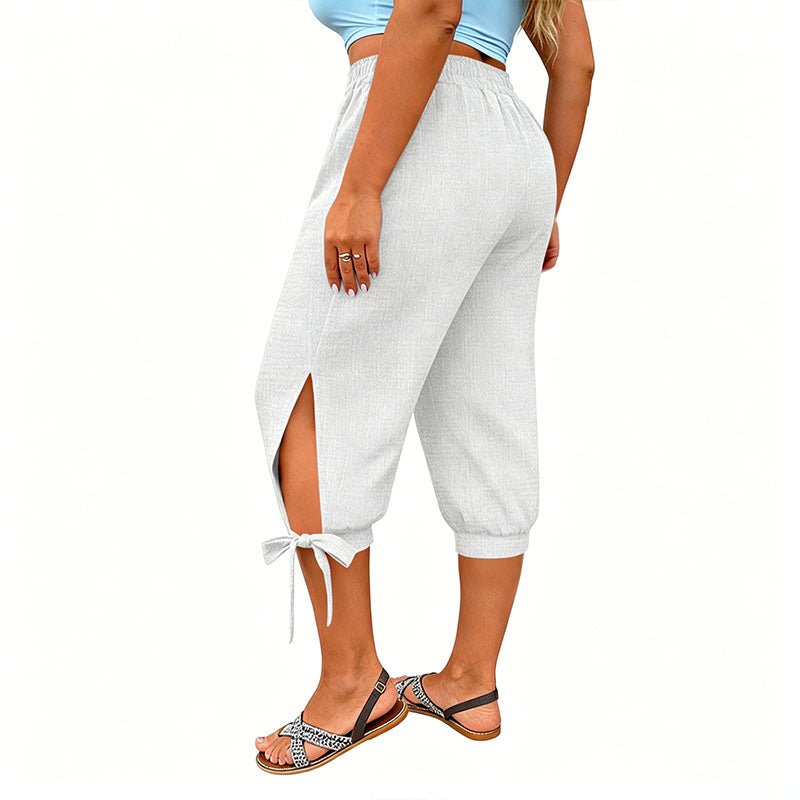 Side-slit elastic waist plus size capri pants