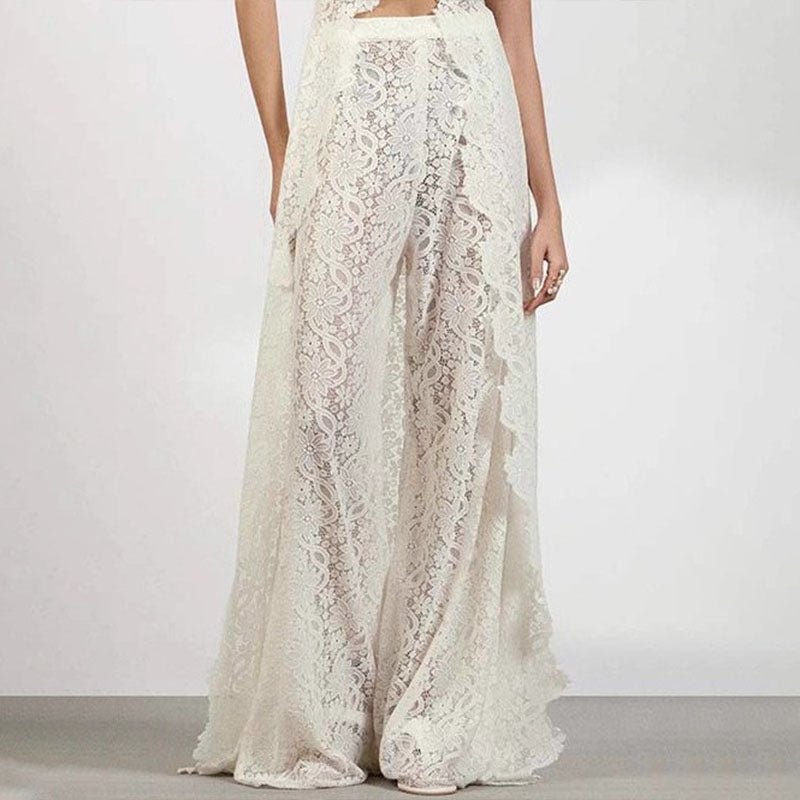 Ruffled lace front-slit top and wide-leg pants set
