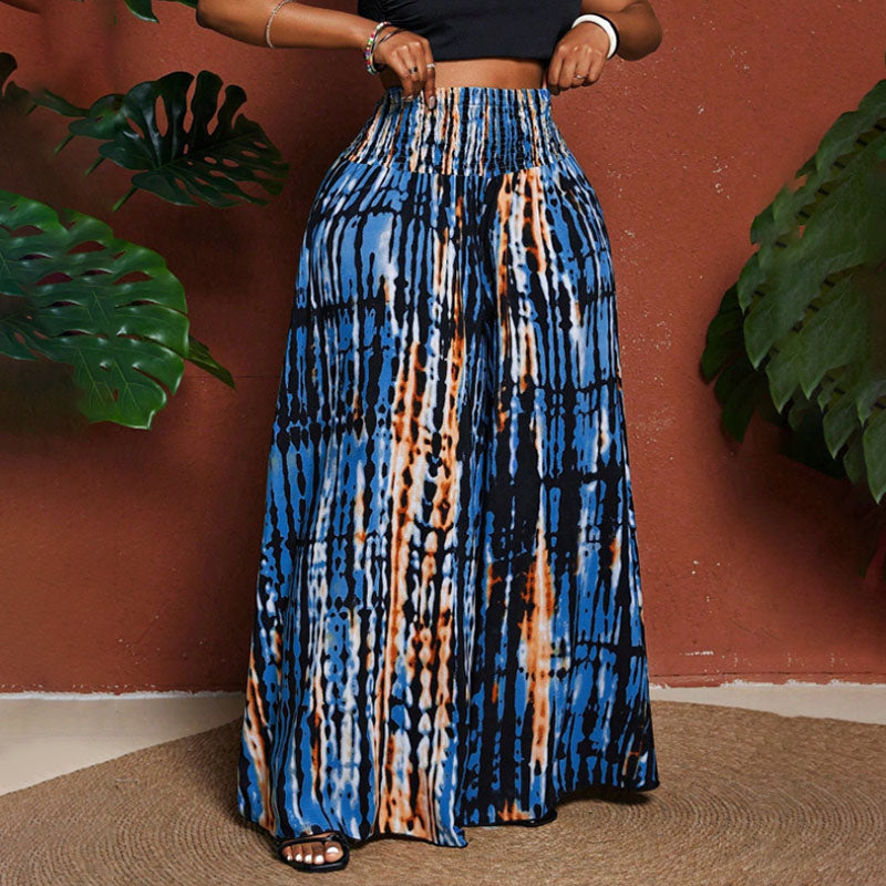 Plus-size tie-dye print pleated high-waisted wide-leg pants