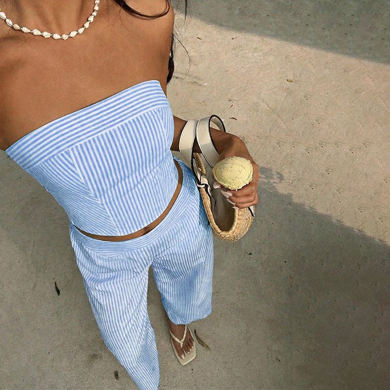 Striped strapless crop top and wide-leg trousers two-piece set
