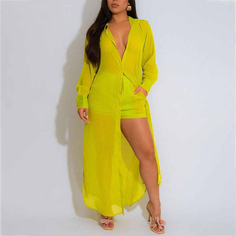 Sheer long-sleeved side-slit long shirt and shorts set