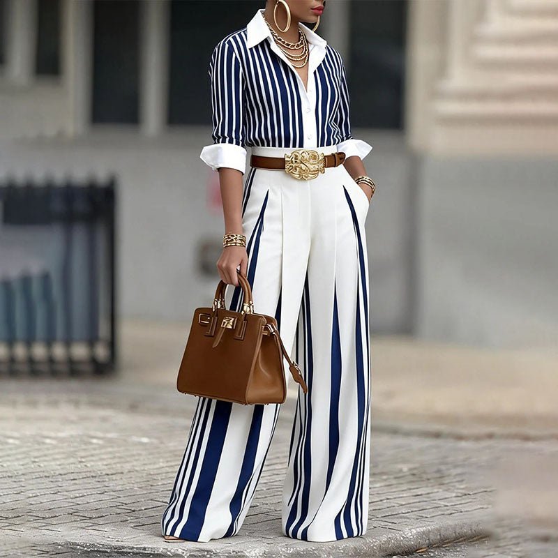 Striped shirt and pleated wide-leg trousers two-piece set