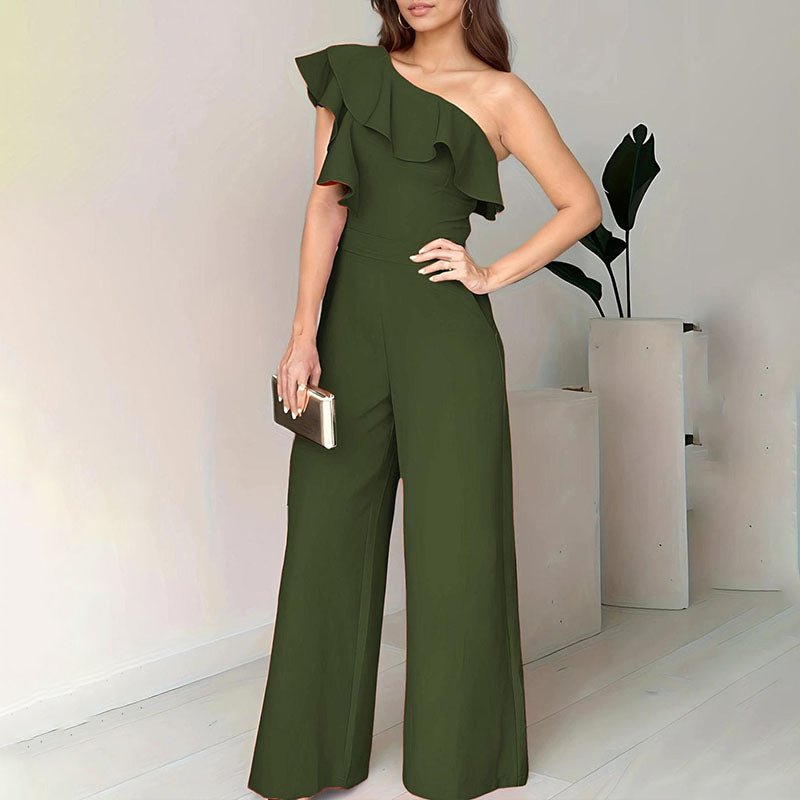 One-shoulder ruffled high-waisted wide-leg jumpsuit
