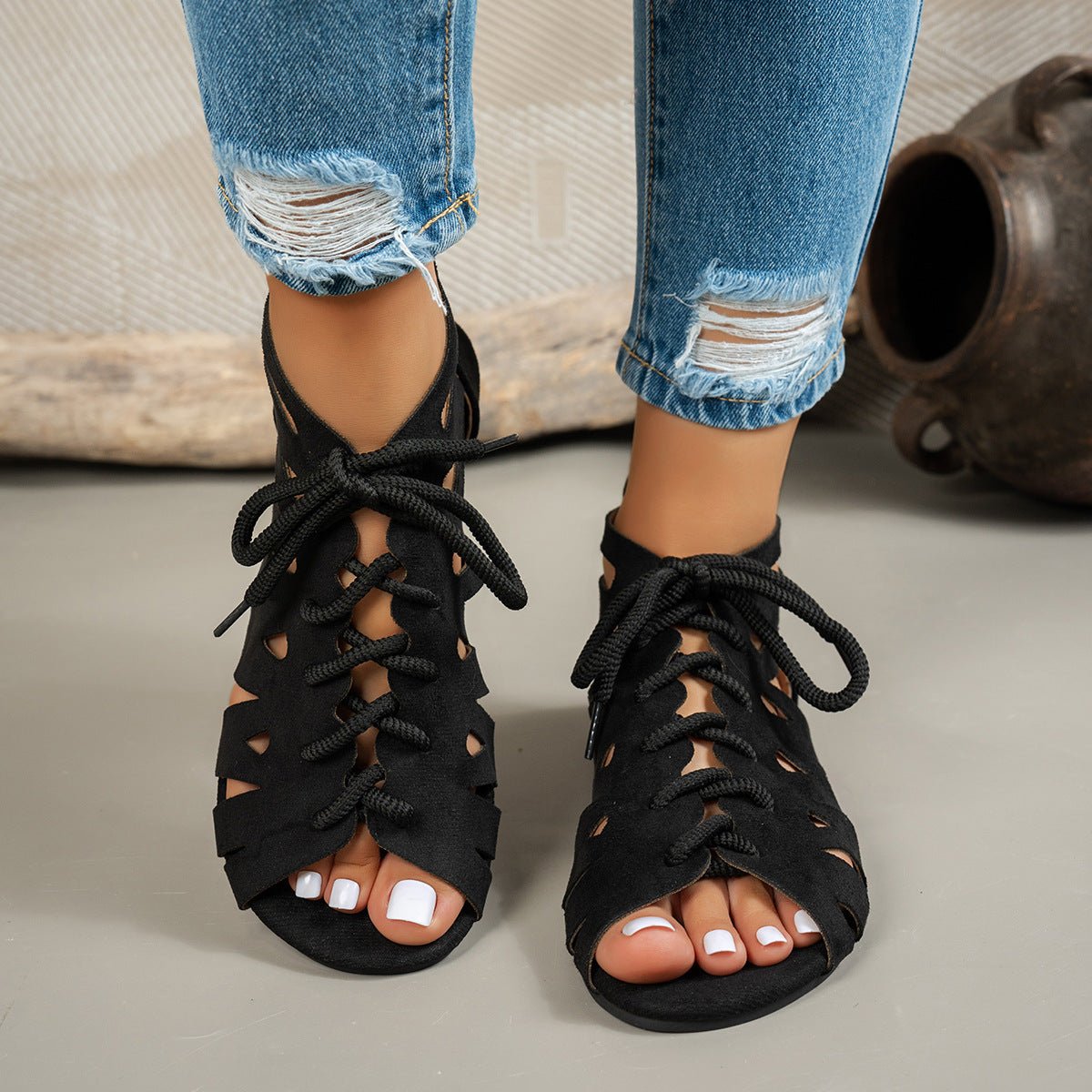 Lace-up openwork flat zipper sandals
