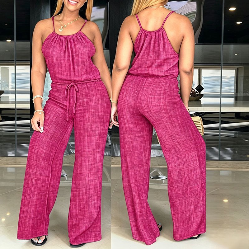Sleeveless spaghetti strap tie-waist wide-leg jumpsuit