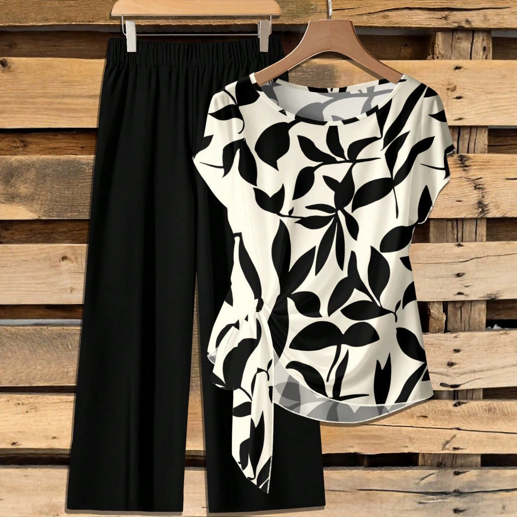 Knot-front short-sleeve top and wide-leg pants set