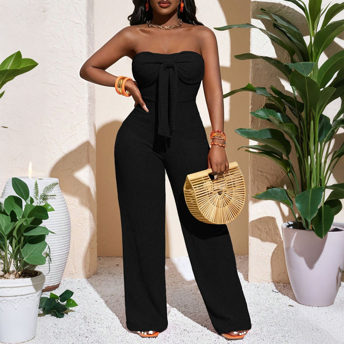 Textured Strapless Wide Leg Jumpsuit