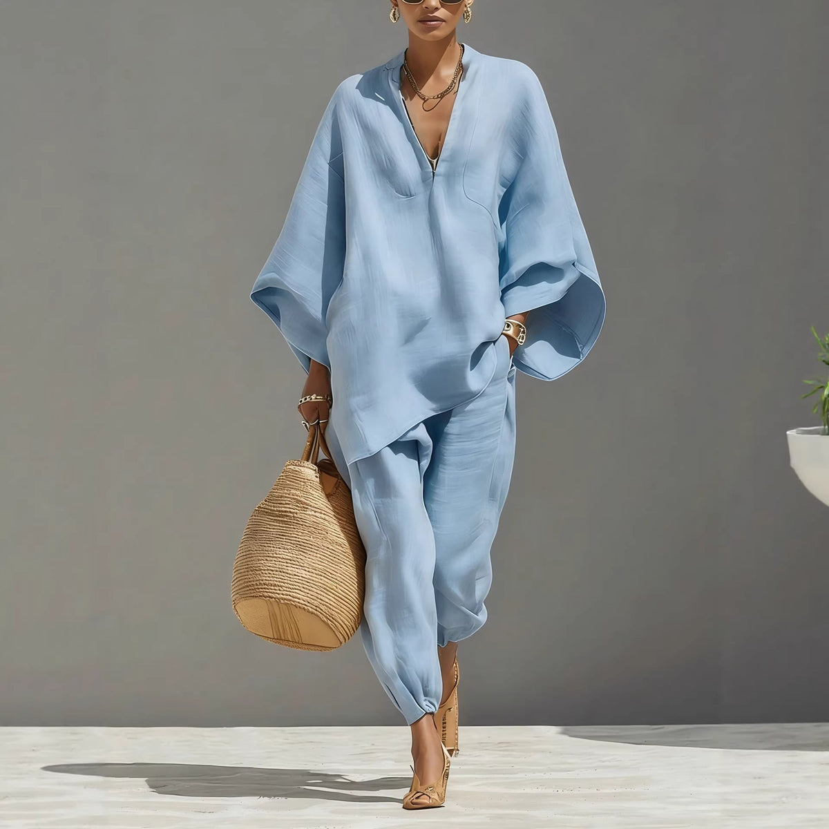 V-neck batwing-sleeve top and trousers set