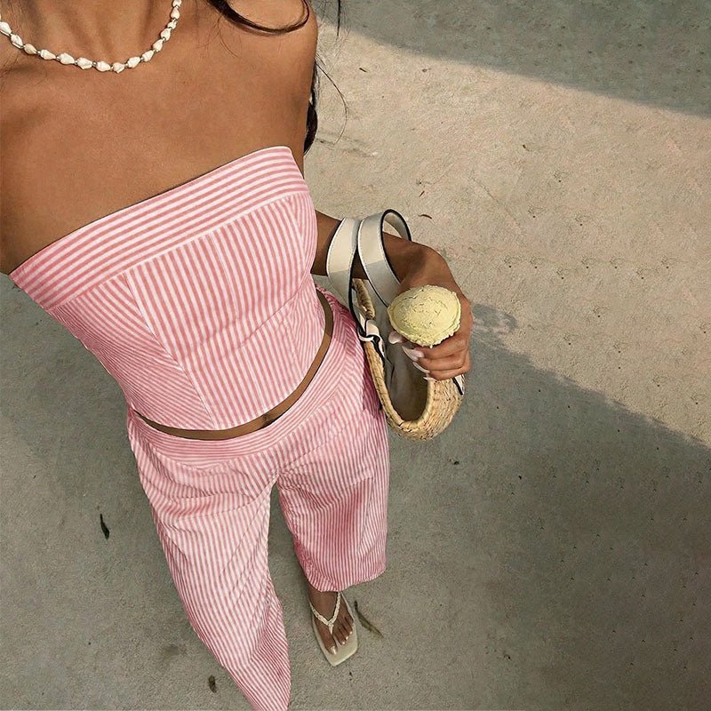 Striped strapless crop top and wide-leg trousers two-piece set