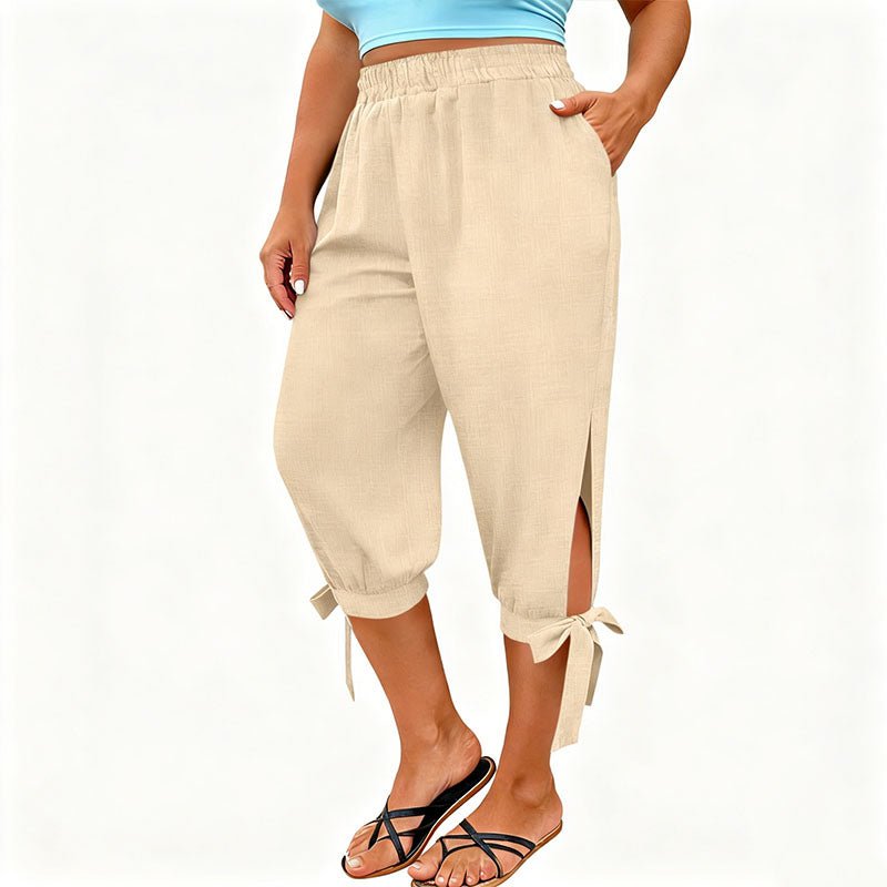 Side-slit elastic waist plus size capri pants