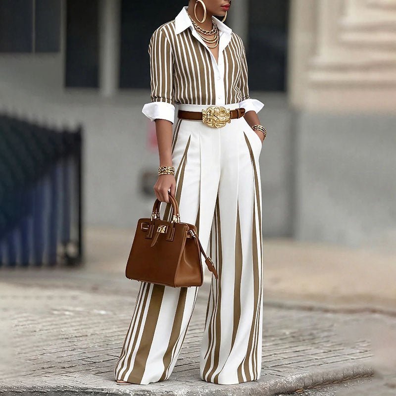 Striped shirt and pleated wide-leg trousers two-piece set