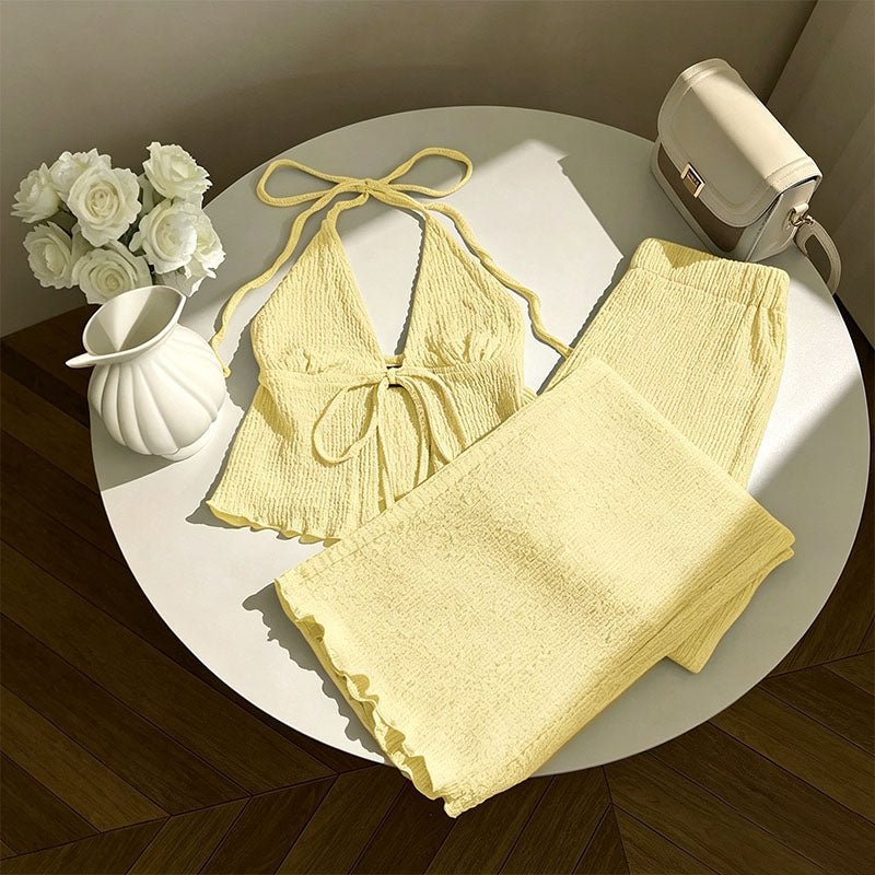 Textured deep V-neck tie-front top and wide-leg pants set