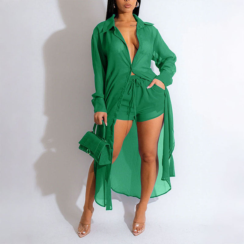 Sheer long-sleeved side-slit long shirt and shorts set