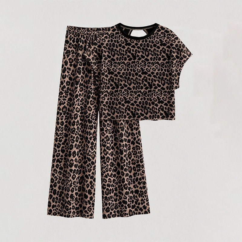 Leopard-print short-sleeved cutout top and trousers casual loungewear set