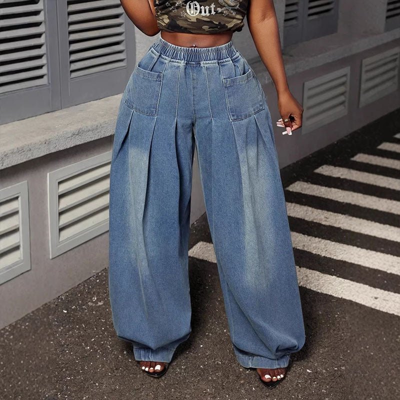 Plus-size retro pleated elastic high-waisted wide-leg pants