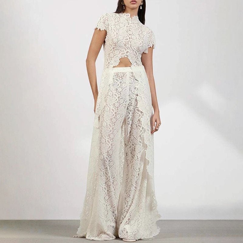 Ruffled lace front-slit top and wide-leg pants set