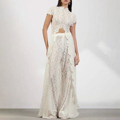 Ruffled lace front-slit top and wide-leg pants set