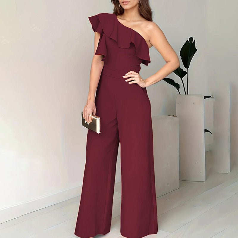 One-shoulder ruffled high-waisted wide-leg jumpsuit