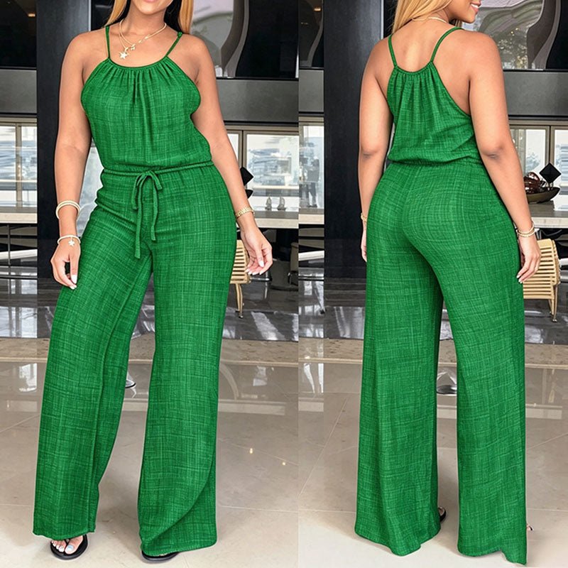 Sleeveless spaghetti strap tie-waist wide-leg jumpsuit