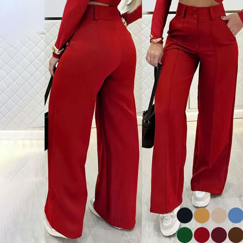 Double-button high-waisted straight-leg suit pants