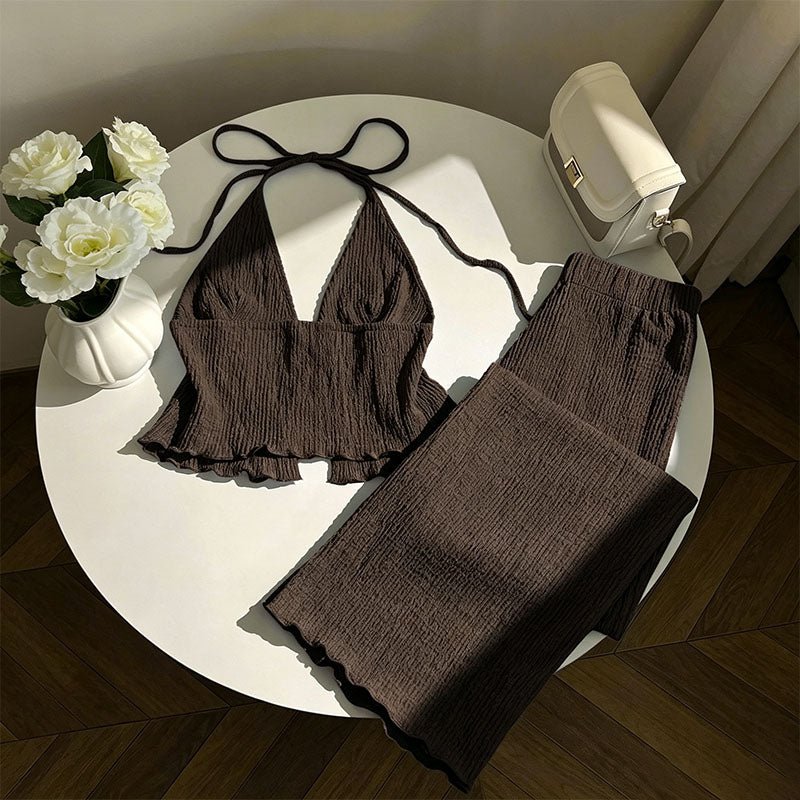 Textured deep V-neck tie-front top and wide-leg pants set