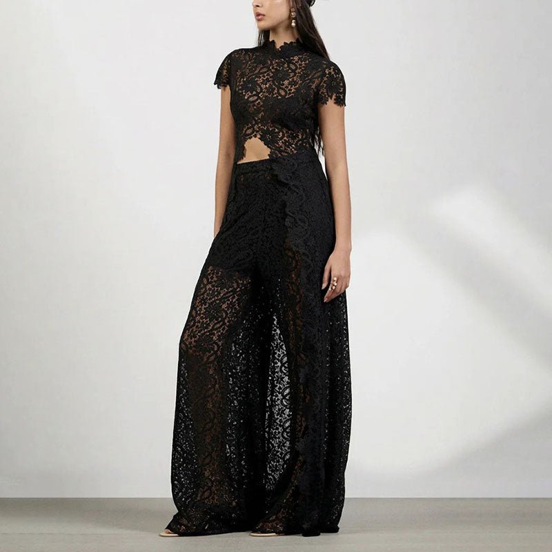 Ruffled lace front-slit top and wide-leg pants set