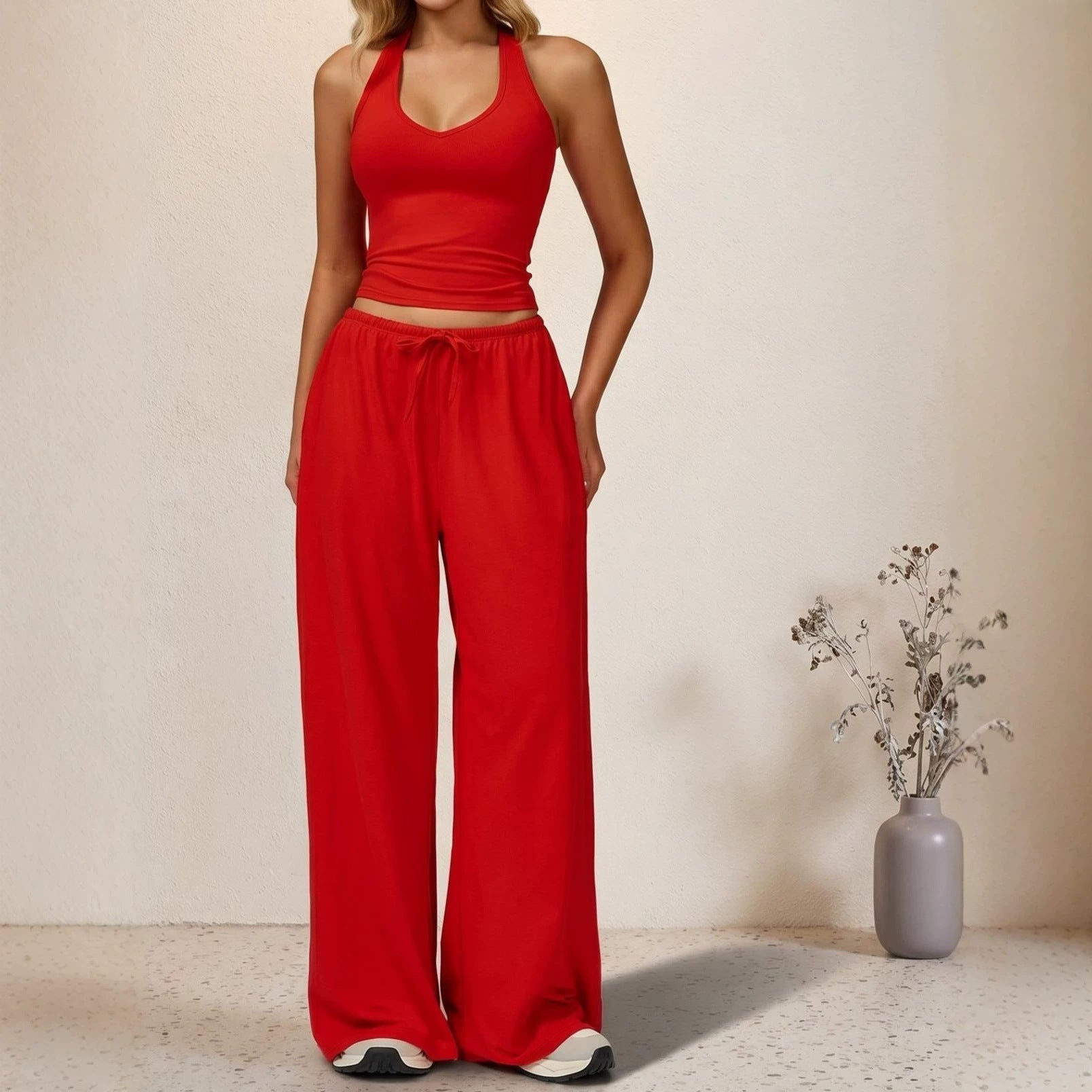 Sporty halter neck top and drawstring pants two-piece set